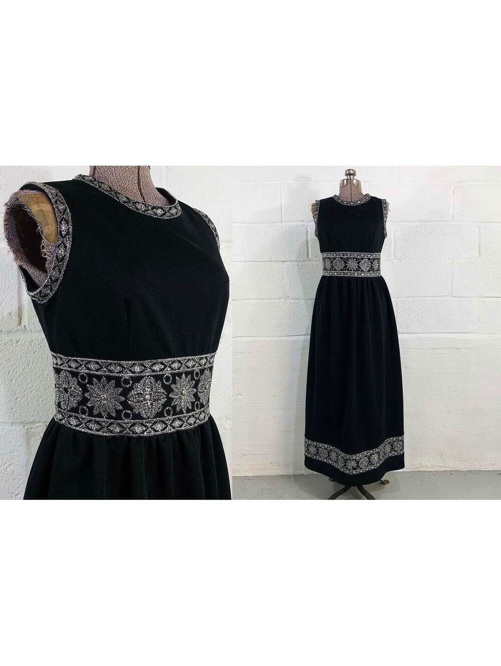 Black Maxi Dress 1960s Silver Trim Evening Gown